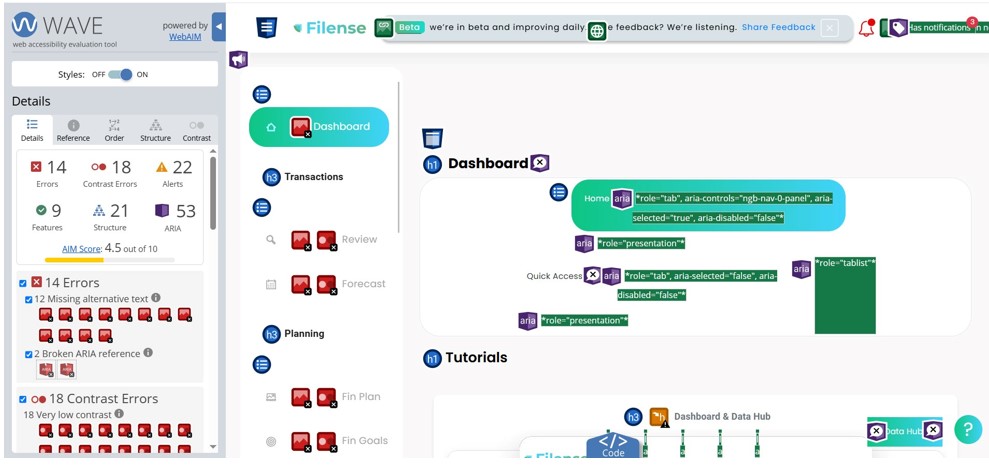 WAVE scan of Filense dashboard, AIM score 4.5, 14 errors, 18 contrast errors, 53 ARIA issues
