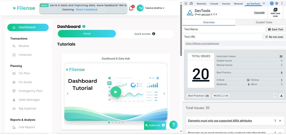 axe scan of Filense dashboard shows 20 issues, 13 critical and 12 images missing alt text