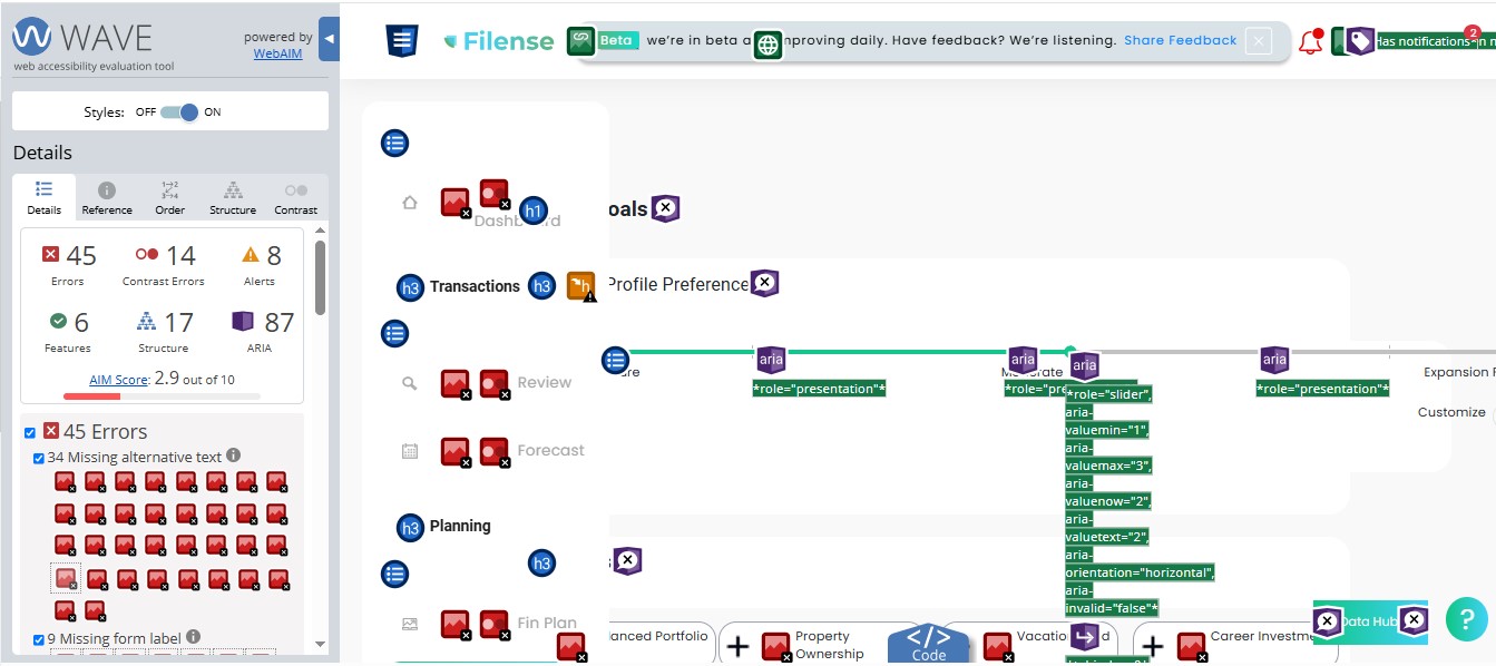 WAVE scan of Filense Goals page, AIM score 2.9 out of 10, 45 errors, 87 ARIA issues