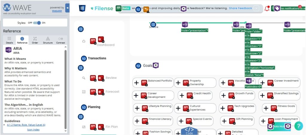 WAVE Reference panel showing ARIA errors on Filense Goals page