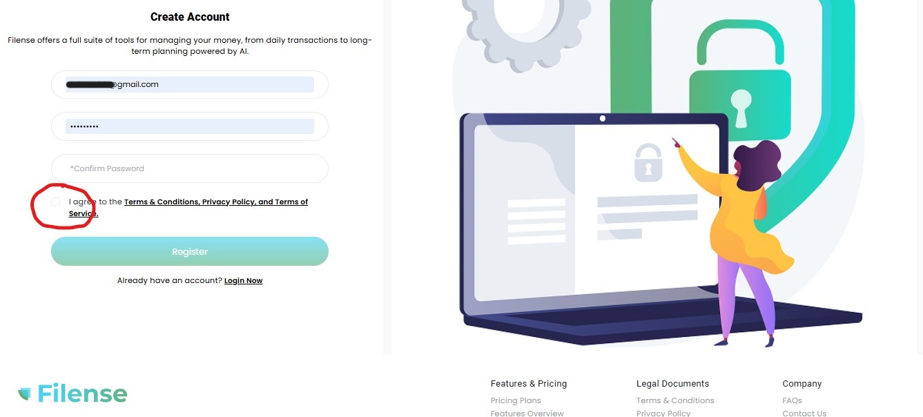 Filense registration page with circle marking the invisible Terms and Conditions checkbox