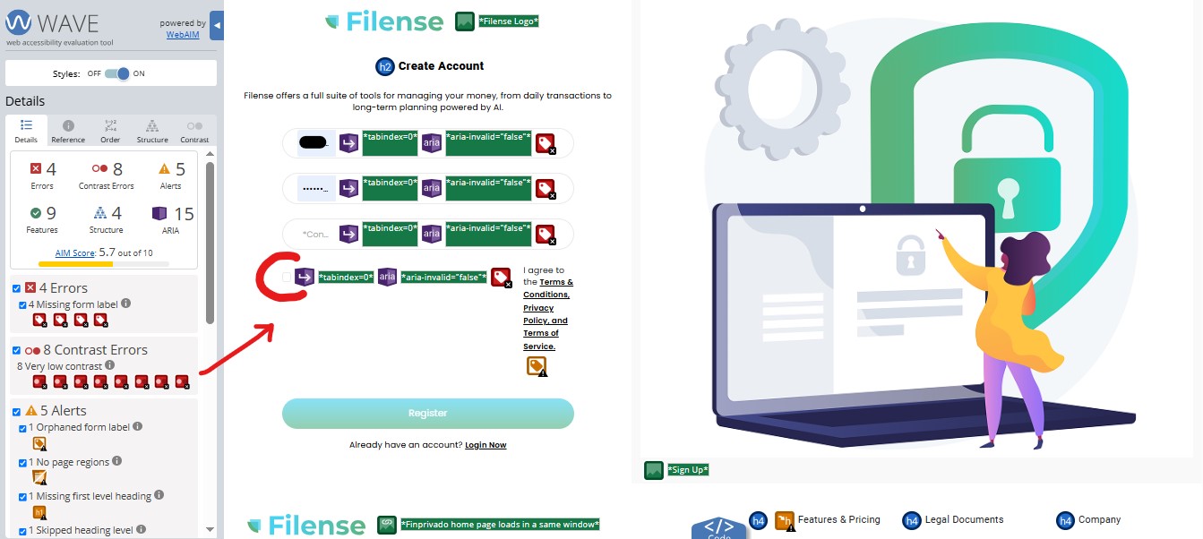 WAVE scan of Filense registration page, AIM score 5.7 out of 10, 4 errors, 8 contrast errors