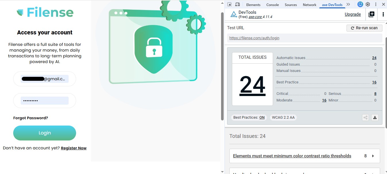 axe scan of registration page shows 26 issues, 1 critical, 8 serious, 17 moderate