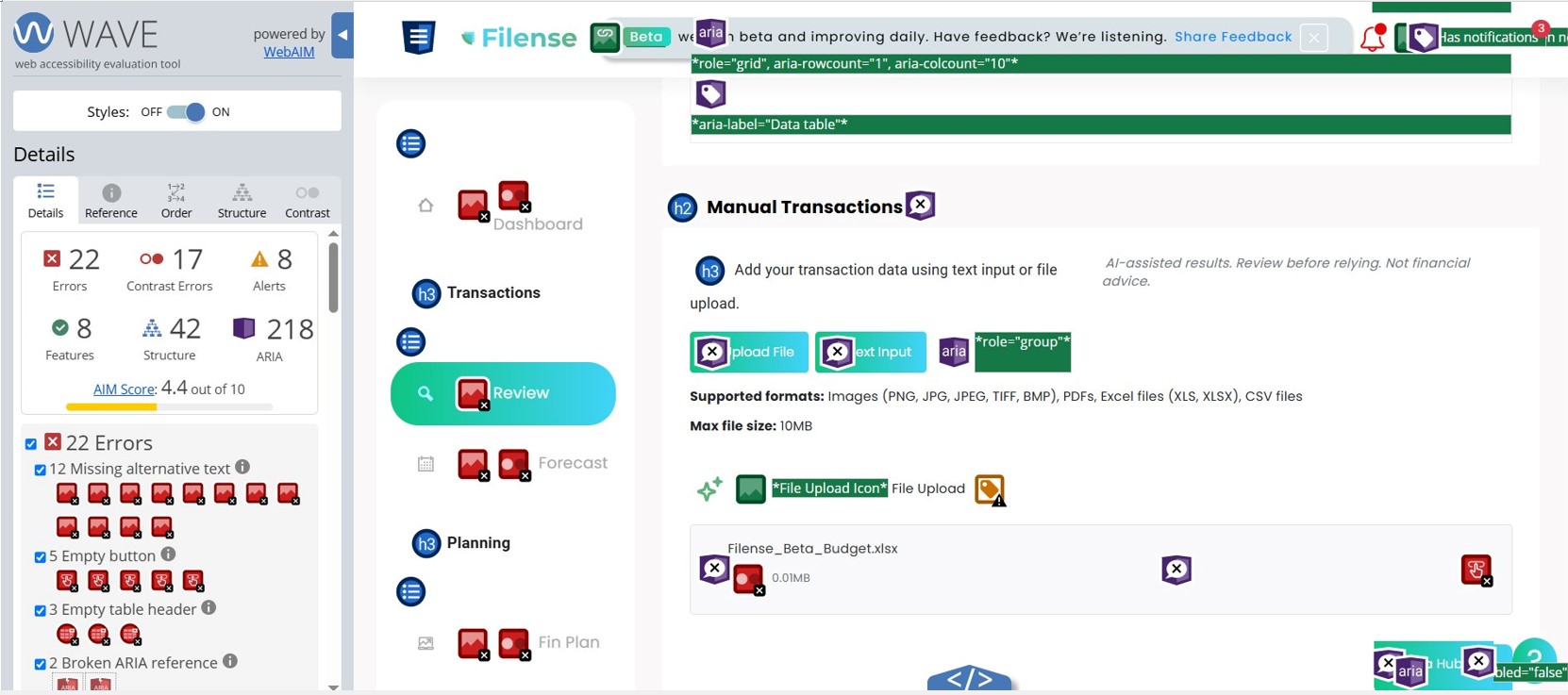 WAVE scan of Filense Transactions Review page, AIM score 4.4 out of 10, 218 ARIA issues